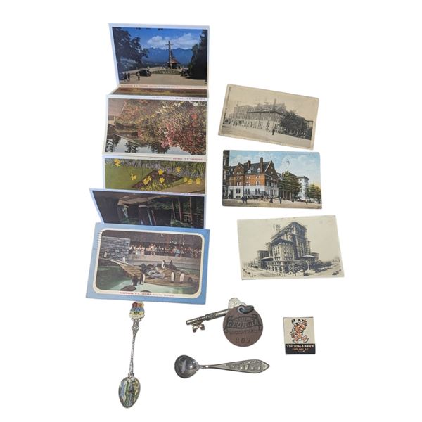 VTG Vancouver Collectibles w/ Postcards, Souvenir Spoons, Hotel Georgia Key, & Matchbook