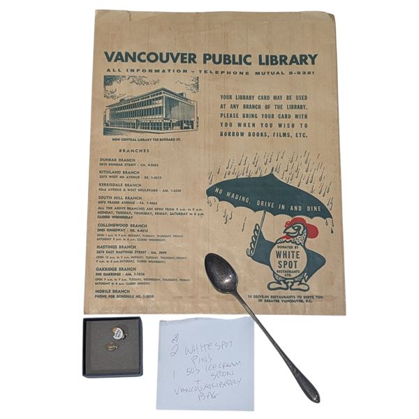 2 White Spot Pins, 50s Ice Cream Spoon, & Vancouver Library Bag