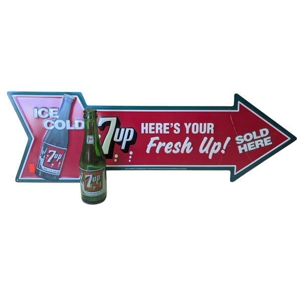 Metal 7up Advertising Sign & Glass Bottle