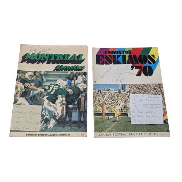 2 CFL Magazines Autographed by BC Lions (Findlay, Gerela, Robinson, & Howes)