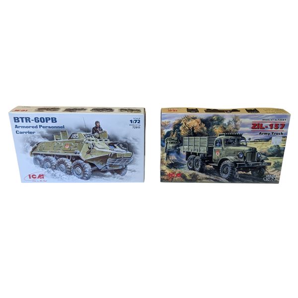 2 Unbuilt ICM Military Model Kits w/ Armored Personnel Carrier & Army Truck