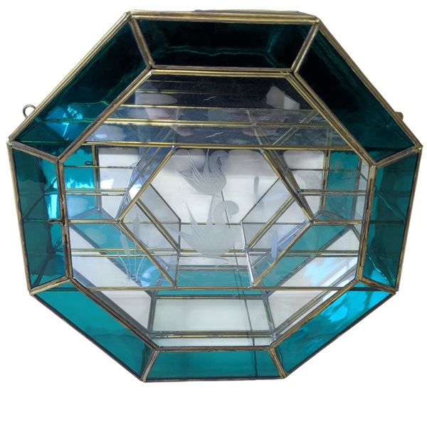 Wall-Mounted Curio Cabinet w/ Blue Glass & Etched Bird