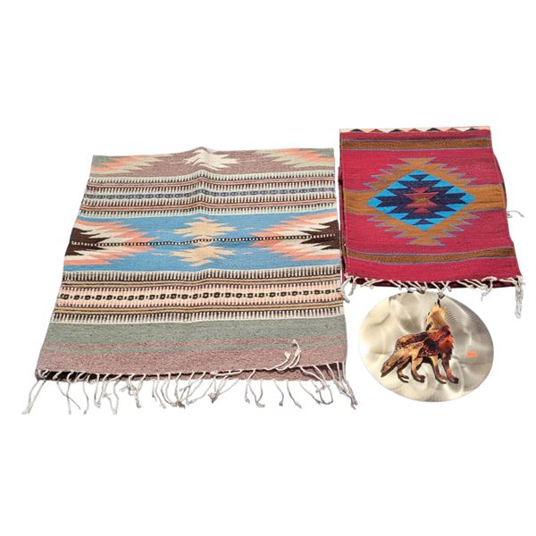 2 Cowichan Knit Blankets & Indigenous Steel Wolf Art