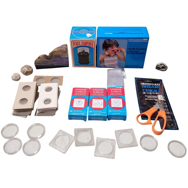 Variety Lot: Scissors, Glasses, Pencil Sharpener, Geodes, Specimen Containers, & More