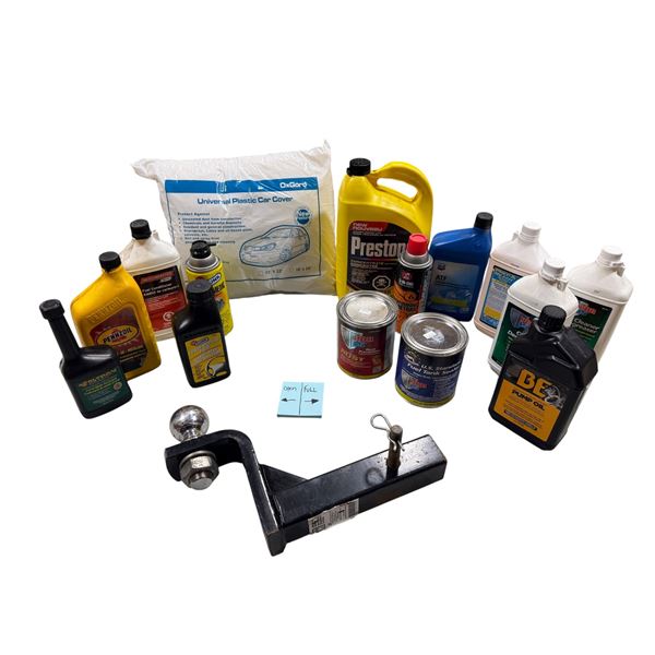 Assorted Products: Oil, Hitch, Car Cover, Antifreeze, & More (Mix Of New & Opened)