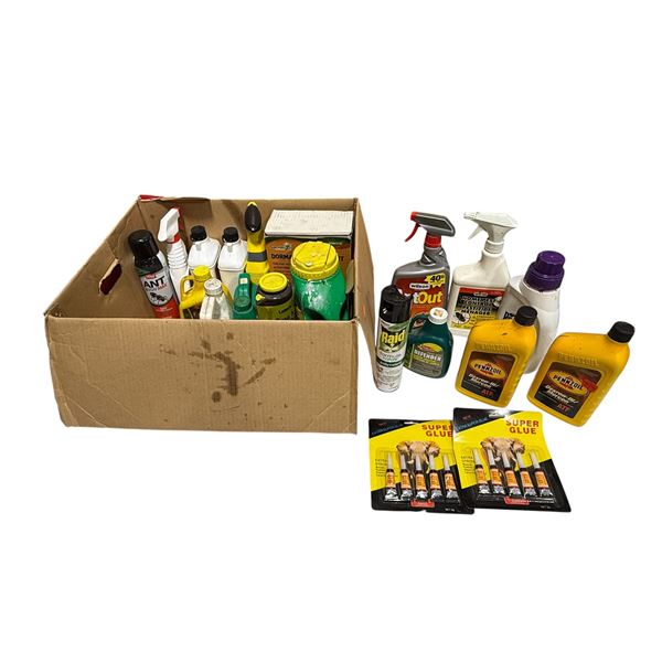 Assorted Product: Super Glue, Pest Control, Transmission Oil, & More (Mostly Opened)