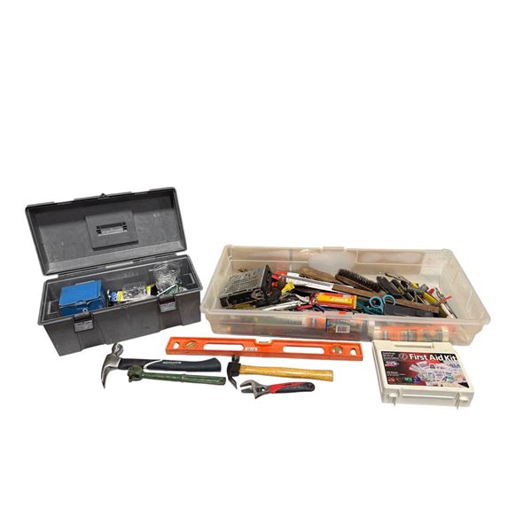 Assorted Tools: Hammers, Level, First Aid Kit, Wrenches, & More