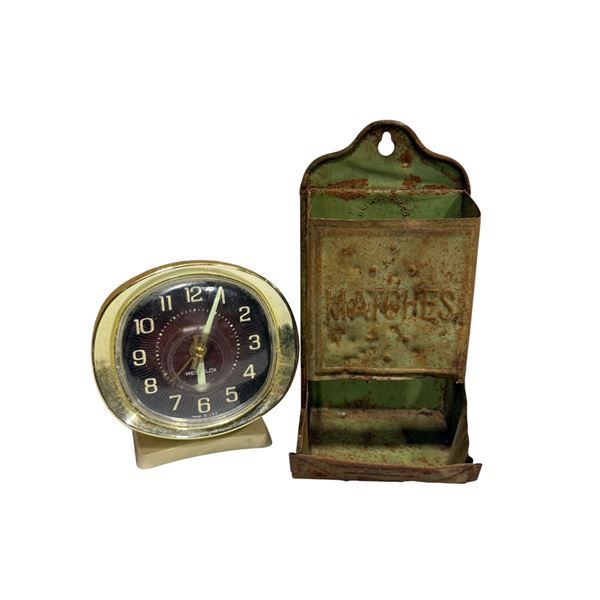 Vintage Matches Wall Hanger Container & Westclox Clock