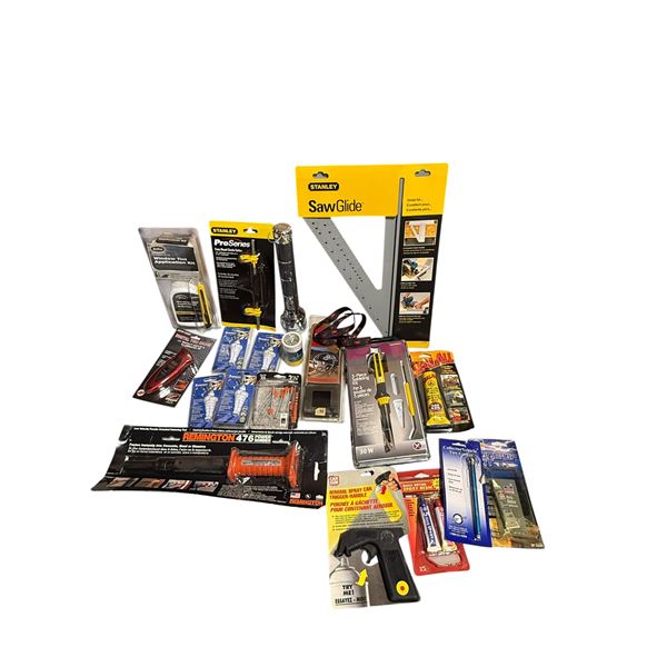 Assorted Tools(Mostly New): Saw Glide, Power Hammer, Soldering Kit, Tire Gauges, & More