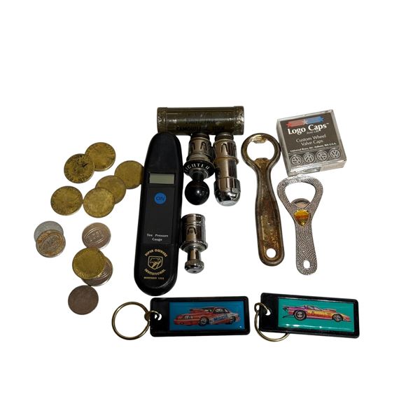 Assorted Collectibles: Car Wash Tokens, Key Fobs, Viper Tire Gauge, Bottle Openers, Car Lighters, & 