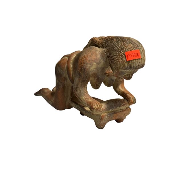 Terracotta Aztec Woman Grinding Corn Figurine