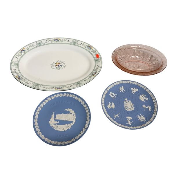 Vintage Wedgwood Plates & Pink Depression Glass Bowl