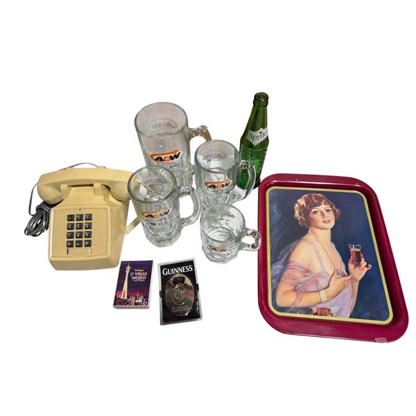 Vintage Collectibles: Telephone, Coca-Cola Tray, A&W Mugs, & More