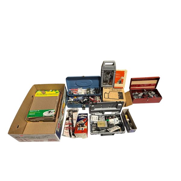Assorted Tools: Drill Sharpener, Sandpaper, Dremel, & More