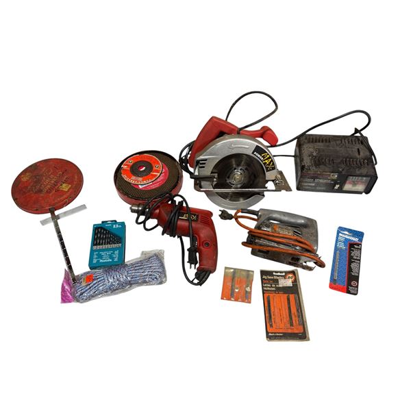 Assorted Tools: Circular Saw, Drill, Battery Charger, & More