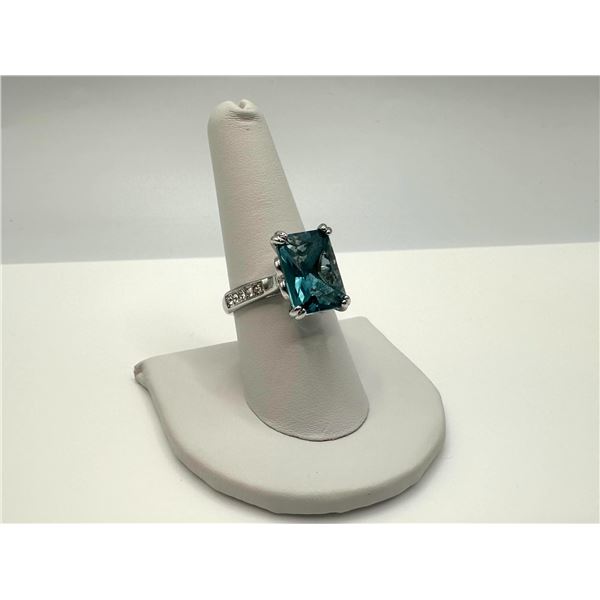 14 Kt White Gold Plate 6.5 Ct Simulated London Blue Topaz Ring