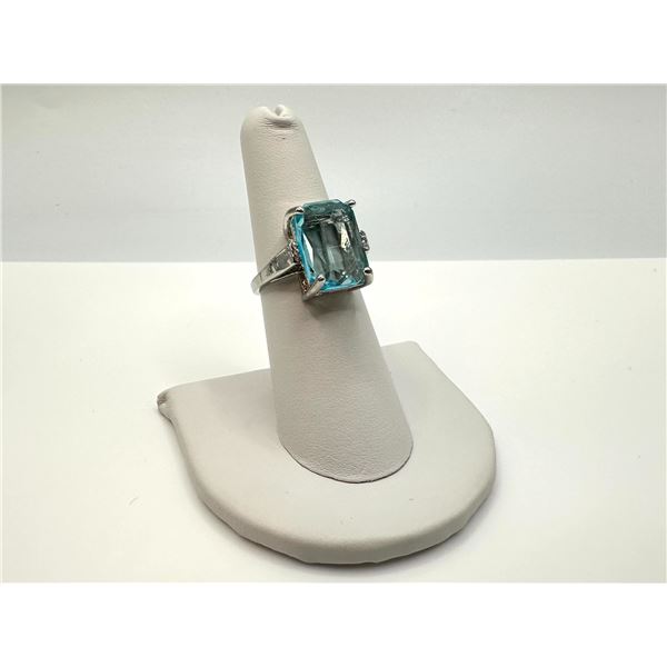 14 Kt White Gold Plate 6.5 Ct Simulated Sky Blue Topaz Ring