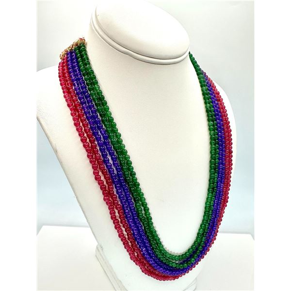 Stunning  387 Cttw 6 Strand Natural Ruby Emerald Sapphire Necklace