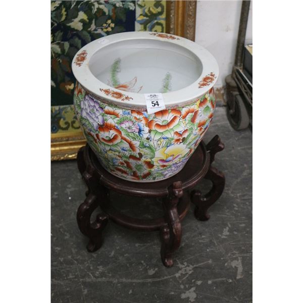 Porcelain Oriental Fish Bowl w/Cherry Stand