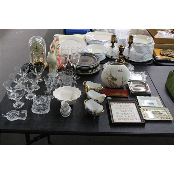 Asst. Etched/Crystal Glassware, Bird Motif Vase, Floral Dishes, Hobnail Lamps,