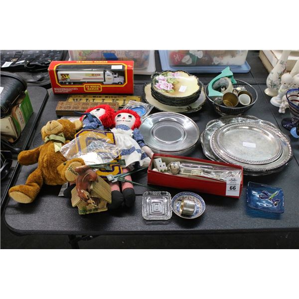 Die Cat Truck, Raggedy Anne Dolls, Floral Dishes, Silverplate, Utensils