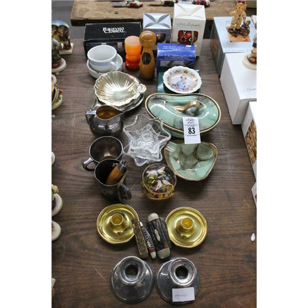 Paper Weight, Silver Candlesticks, Ornaments, Asst. Décor, Pocket Knives