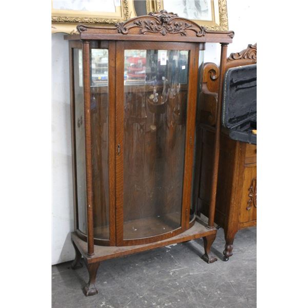 Tiger Oak Bow Front Claw Foot Curio - Needs Shelves