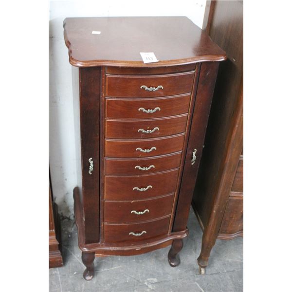 Cherry Queen Anne Footed Jewelry Cabinet w/Asst. Fashion Jewelry, Mirror