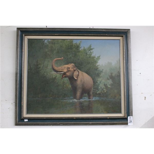 Oil On Canvas Art of Elephant In Wild Artist Signed - 30"  X  30"