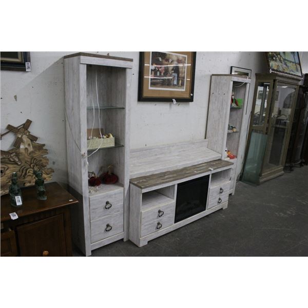 Whitewashed Distressed 4 Pc. Entertainment Center w/Fireplace Insert