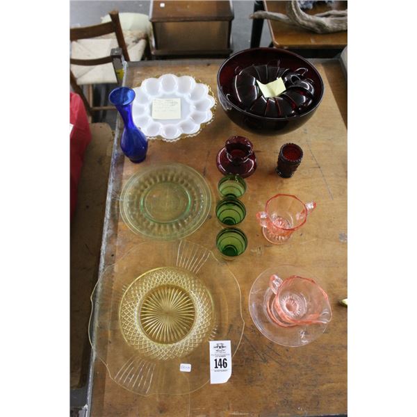 Vintage Glass Deviled Egg Dish, Asst. Depression Glass, Punch Bowl