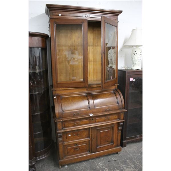 Antique Burl Rolltop Desk w/Glass Door Upper