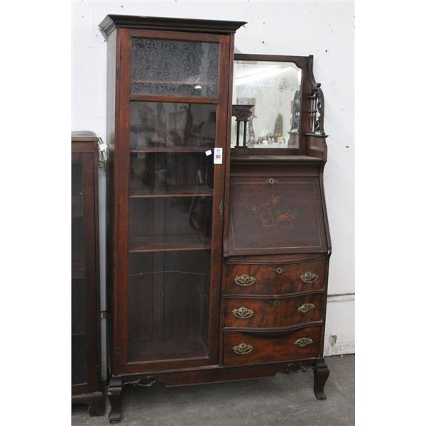 Mahogany Queen Anne Burl Front Drop Front Desk w/Glass Door Bookcase, Mirrored Upper