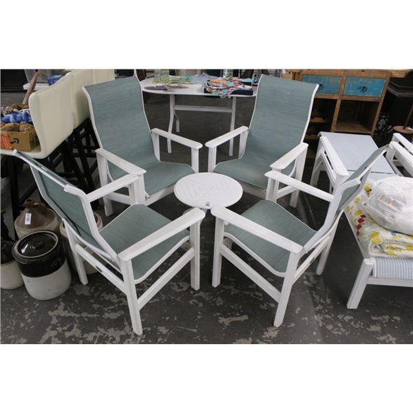 Molded Plastic White w/Green Trim Patio Armchairs - Set of 4, Round Small Coffee Table