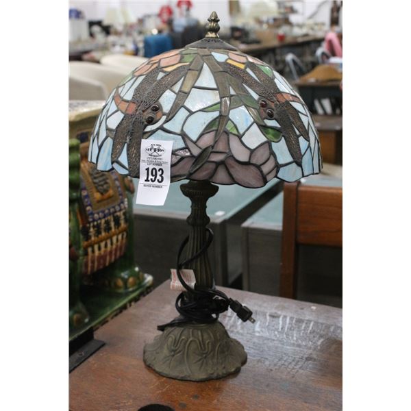 Floral Dragonfly Leaded Glass Lamp w/Bronze Base