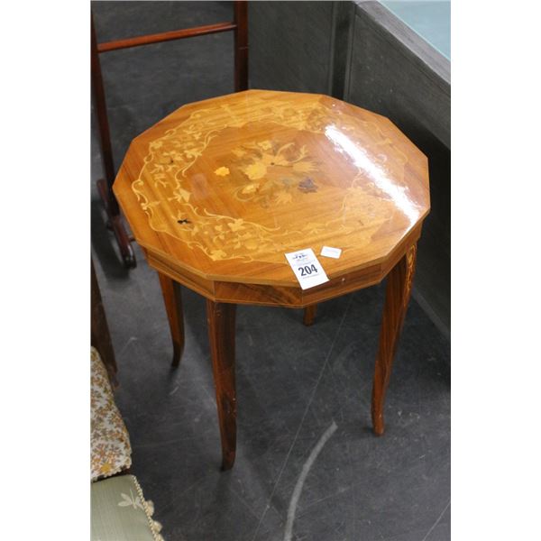 Ornate Burl Floral Inlay Octangular End Table