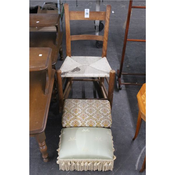 Rush Seat Vintage Rocker, 2 Needlepoint Footstools