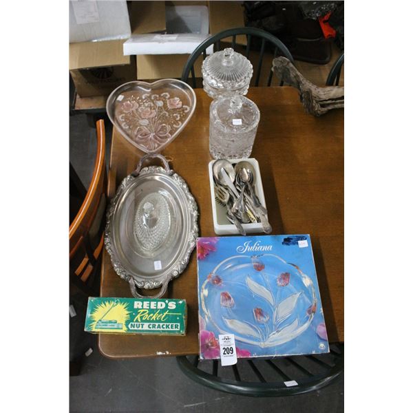 Floral Art Glass Serving Trays, Rocket Nutcracker, Silverplate Tray, Utensils, Jars