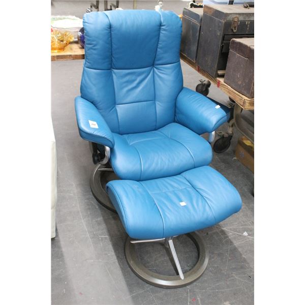 Stress Less Turquoise Leather Easy Chair w/Ottoman