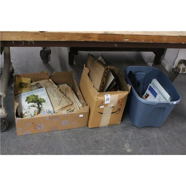 Asst. Small Framed Photo Frames, Collector Newspaper Articles, Post Cards - 3 Bins