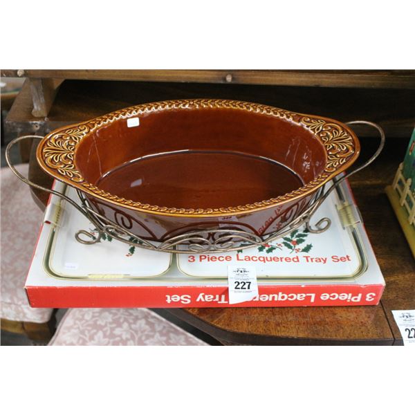 Holiday Laquer Trays, Metal Trim Glazed Large Dish
