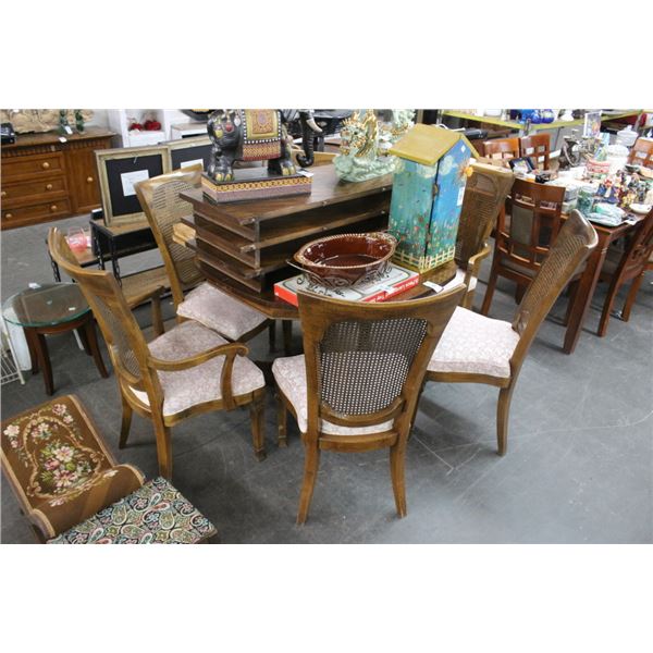 Burl Pedestal Dining Table w/3 Leaves - 6 Chairs
