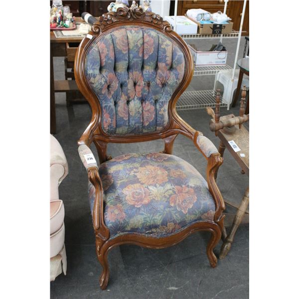 Mahogany Queen Anne Trim Floral Padded Armchair