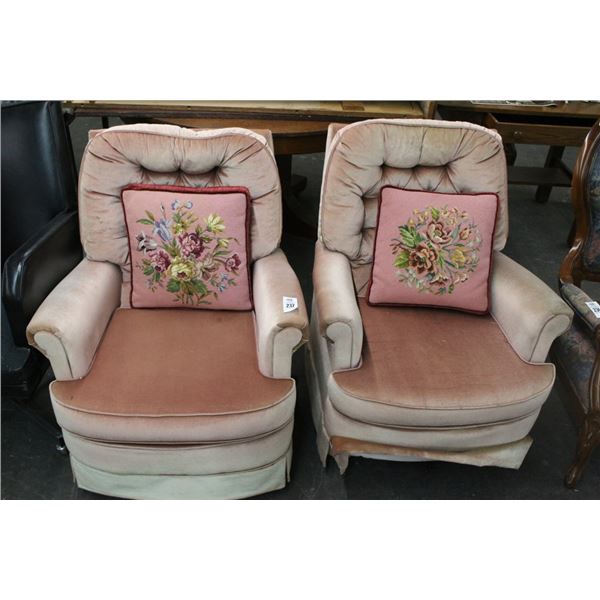 Mauve Tufted Cloth Swivel Rocker Easy Chair w/Needlepoint Floral Pillows