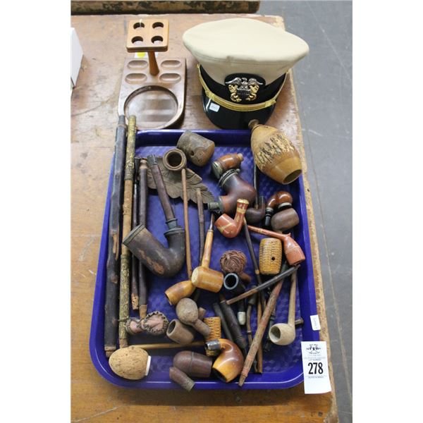 Asst. Vintage Tobacco Pipes, Military Hat, Pipe Stand