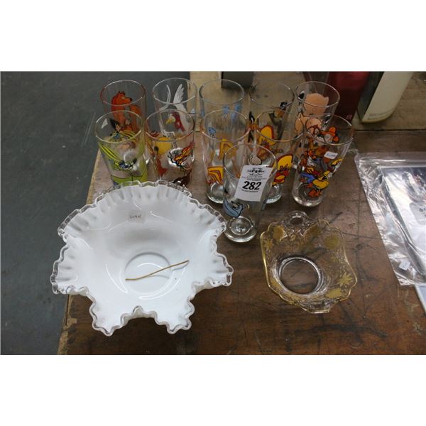 Asst. Disney/Looney Tunes Collector Glasses, Ruffled Dish, Etched Bowl