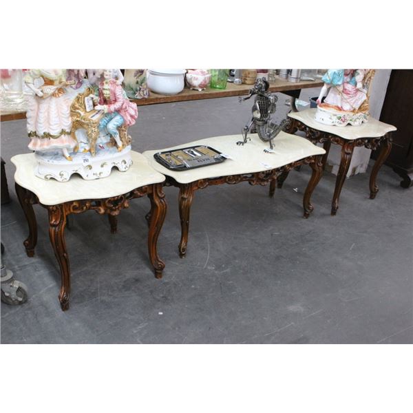 Ornate Queen Anne Marble Top Coffee/End Table - 3 Pc. Set