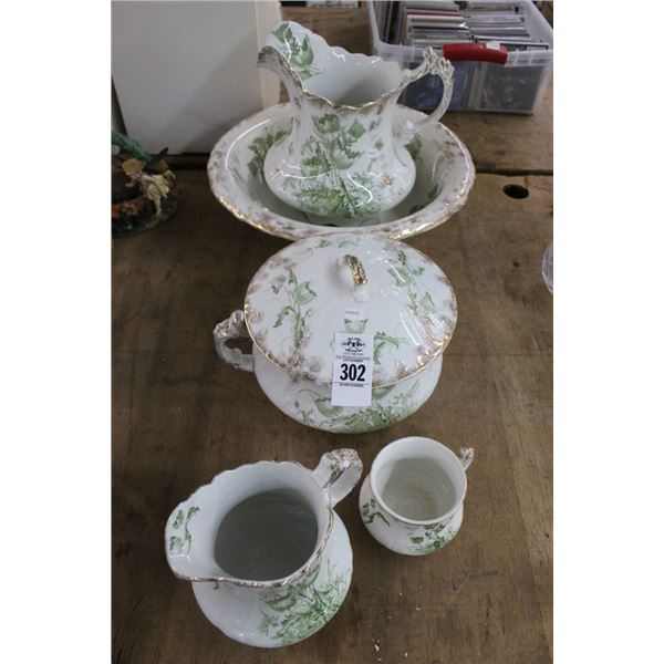 Green Floral Trim Bowl, Pitchers, Lidded Jar Set
