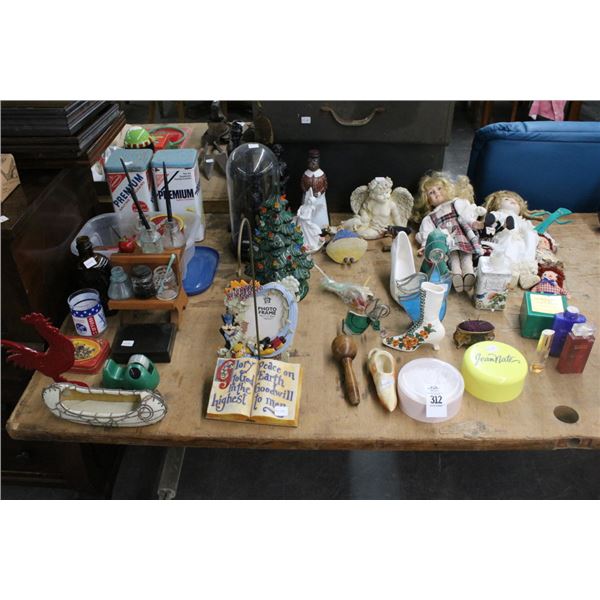 Large Lot Tins, Cast Rooster Door Stop, Dolls, Figurines, Vintage Bottles, Décor