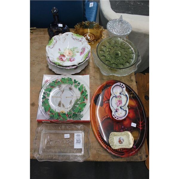 Carnival Glass, Roosevelt Decanter, Ruffled Bowl, Asst. Holiday Trays/Serving Dishes